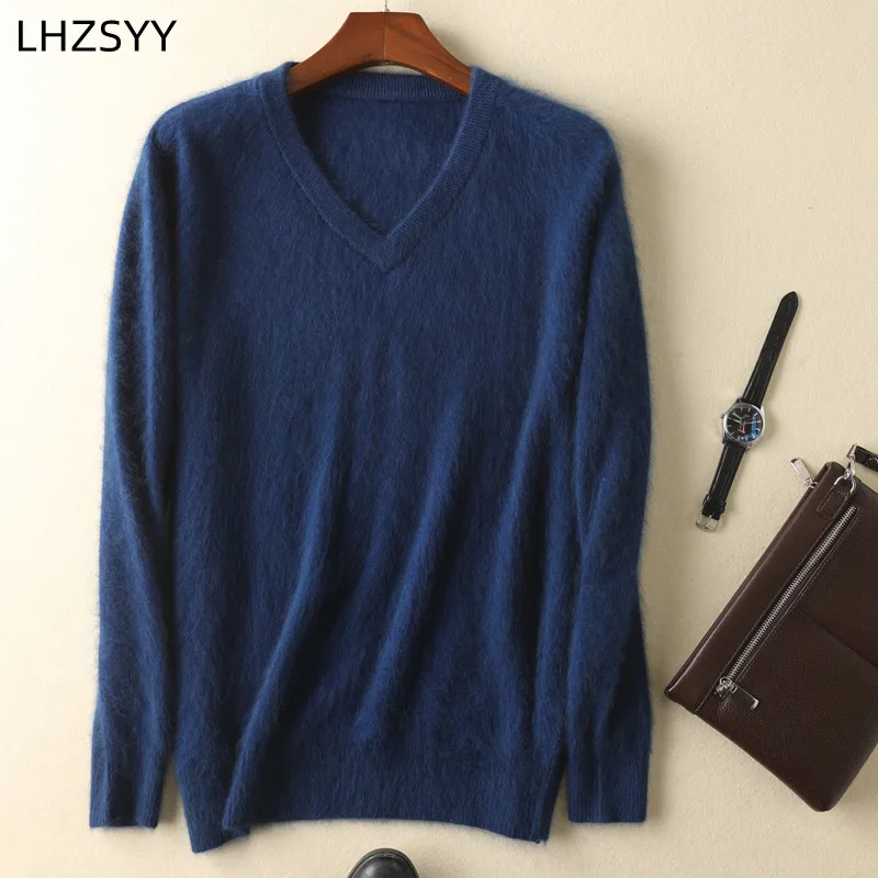LHZSYY Men's 100% Mink Cashmere Large Size Sweaters Autumn Winter Solid V-neck Casual Knit Pullovers Men Long Sleeve Warm Jumper 3