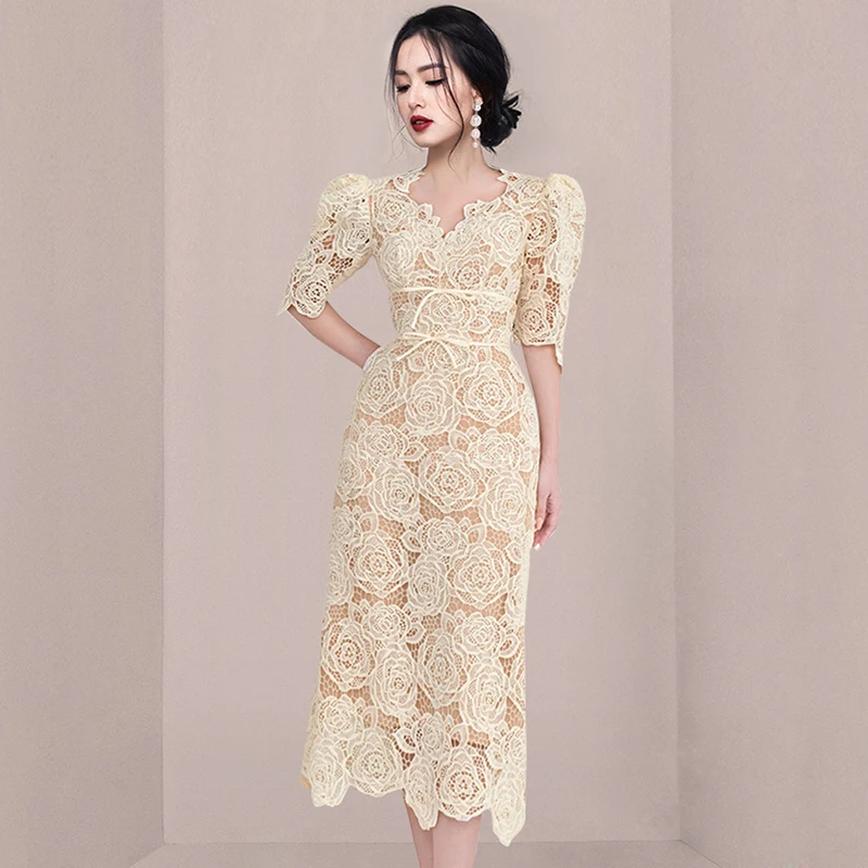 

Summer Hollow Out Floral Embroidery Water Soluble Lace Dress Women Elegant Puff Sleeve V Neck Evening Party Midi Dresses