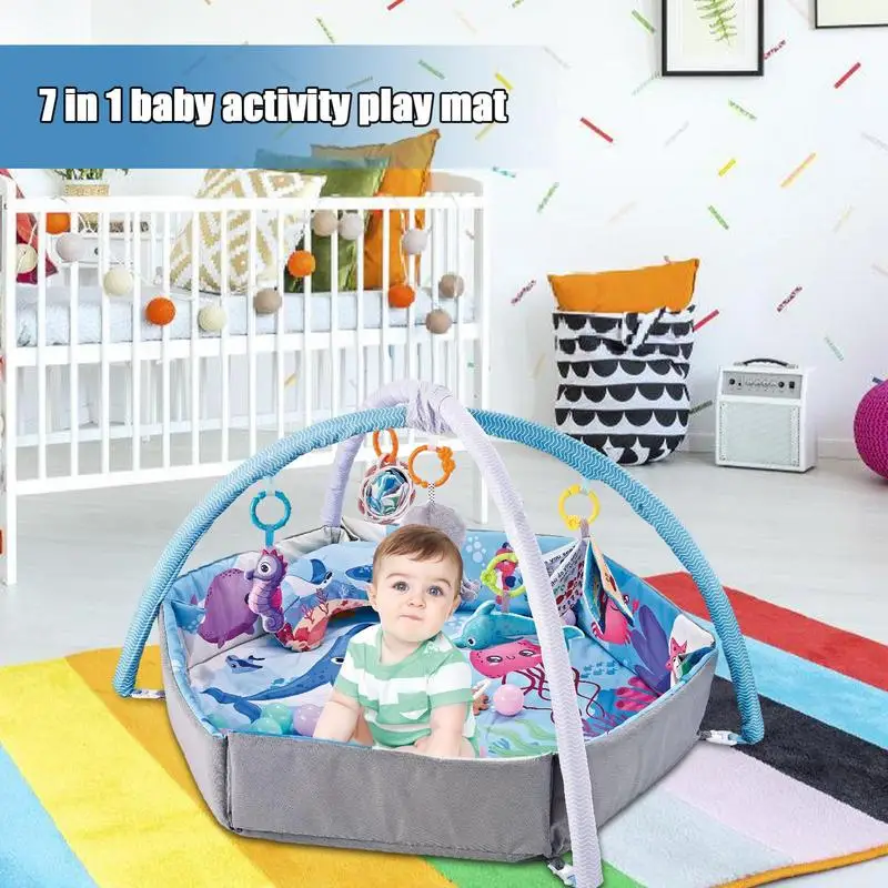 Baby Gym Play Mat 7-in-1 Toddler Activity Play Mat Musical Activity Center Baby Fitness Stand With Toys & Ocean Balls 0-12 Month baby activity gym baby music play mat fitness carpet educational rack crib toys baby rattle toys with bed bell fitness mats