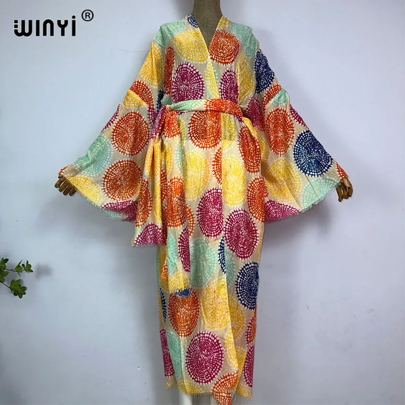 

WINYI Bohemian bronzing print Bikini Cover-ups Elegant Self Belted Kimono Dress Women Summer holiday Dress Beach Wear Cover up