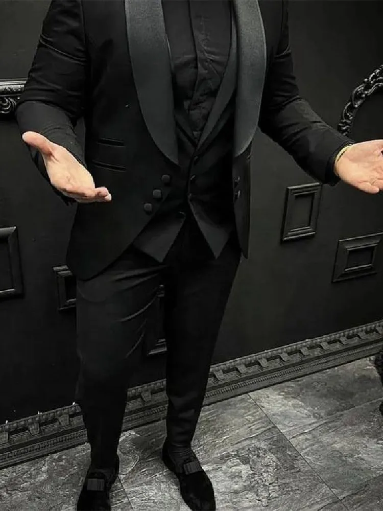 Black Men Suit Tailor-Made 3 Pieces Blazer Vest Pants Single Breasted Sheer Lapel Wedding Groom Prom Slim Fit Plus Size Tailored