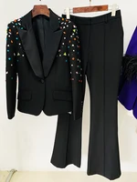 HIGH STREET Newest 2026 Designer Runway Fashion Suit Set Women's Slim Fitting Strass Diamonds Beaded Blazer Pants Set - Image 2