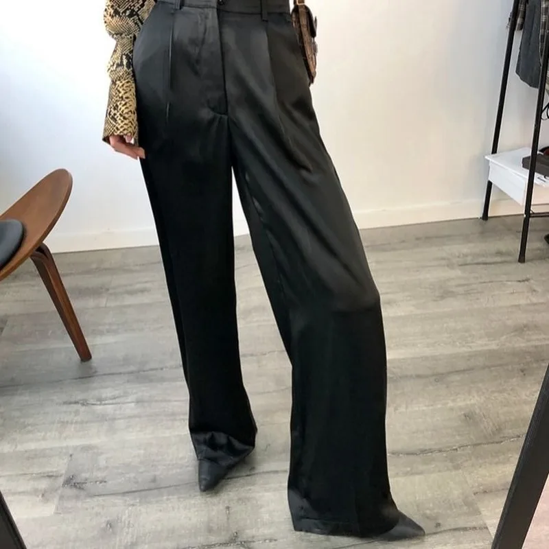 2024 New Satin High Waist Wide Leg Pants Loose Women Pants Summer Girls Long Stretch Straight Pants Trouser New Casual Bottoms