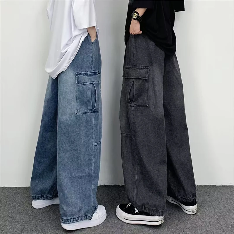 Japanese Retro Wide-leg Jeans Big Pocket Overalls Men Casual Loose Wide Leg Jeans Summer Autumn Fashion Straight Pants