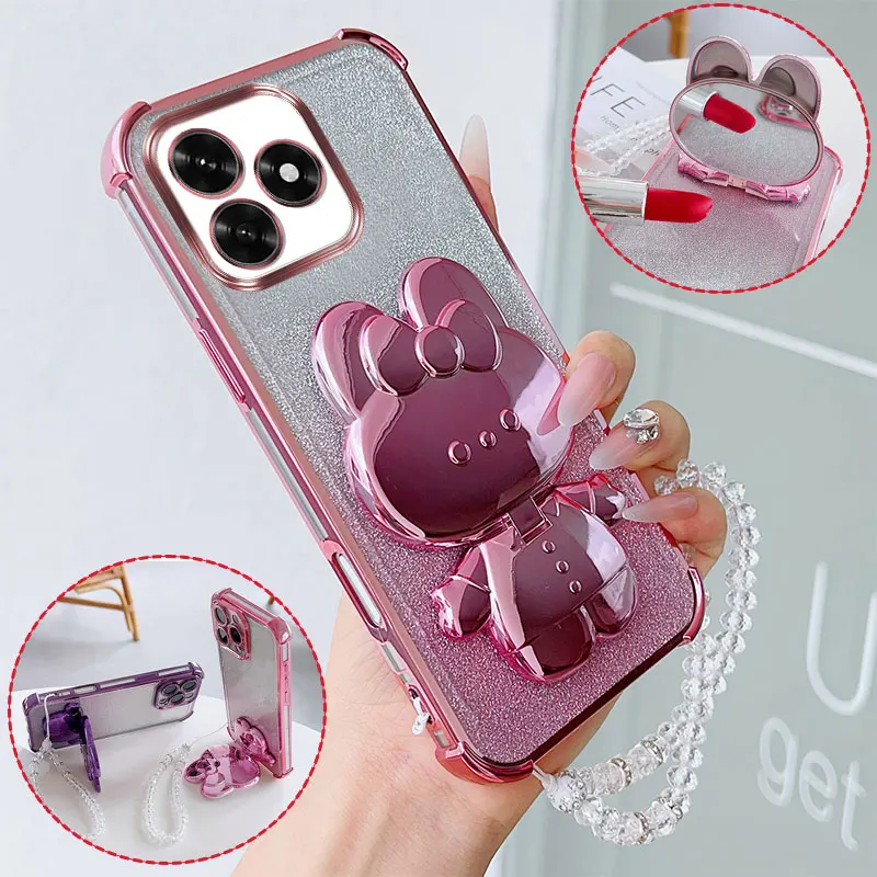 Luxury Shockproof Phone Case with Cute Rabbit Makeup Swivel Stand and Crystal Lanyard