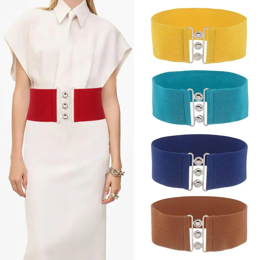 

Women Casual Stretch Ladies Metal Buckle Waistband Dress Cummerbands Waist Band Wide Elastic Belt Fashion Accessory