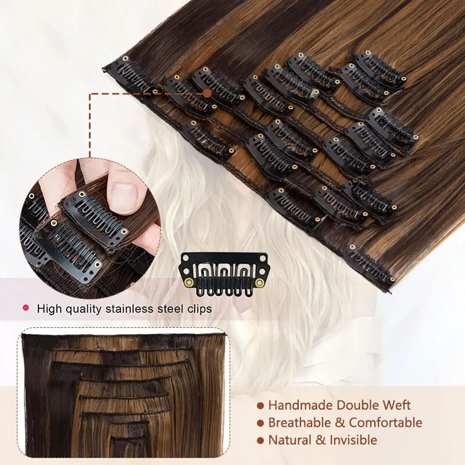 8pcs/set Long Straight 24 Inches Synthetic Hair Full Head Clip in Hair Extensions Clip On Hairpieces For Women Ombre Color