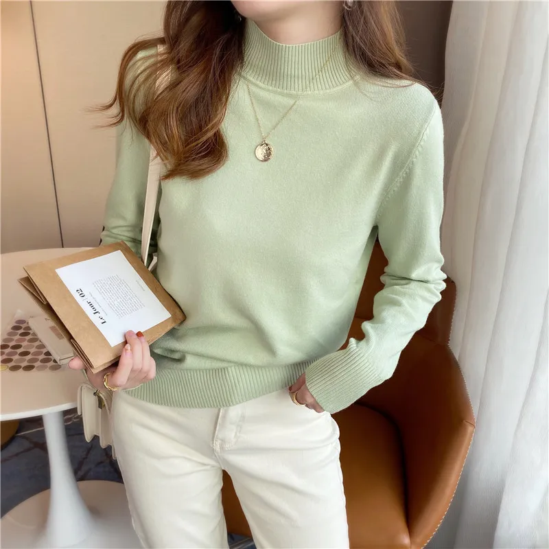 New Autumn and Winter Women's Semi-turtleneck Sweater Fashion Long-sleeved Solid Color Knitted Bottoming Shirt Soft Inner Top