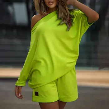 2 Pcs/Set Women Tracksuit One-shoulder Short Pants Leisure Summer Top Set Bright Women Tracksuit Set Young Style Summer Top Set