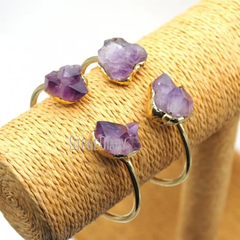 

BM42985 Natural Amethyst Sunstone Bracelet Healing Stones Free Form Cuff Bangle Adjustable Gold Plated