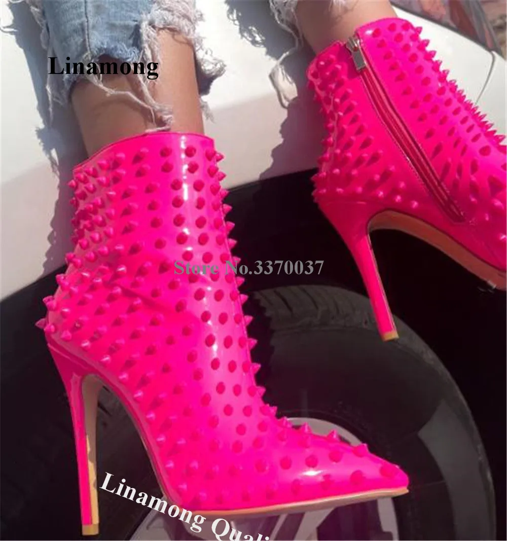 

Sexy Pink Rivets Short Boots Linamong Brand Pointed Toe Red White Black Studs Stiletto Heel Ankle Booties Party Dress Pumps