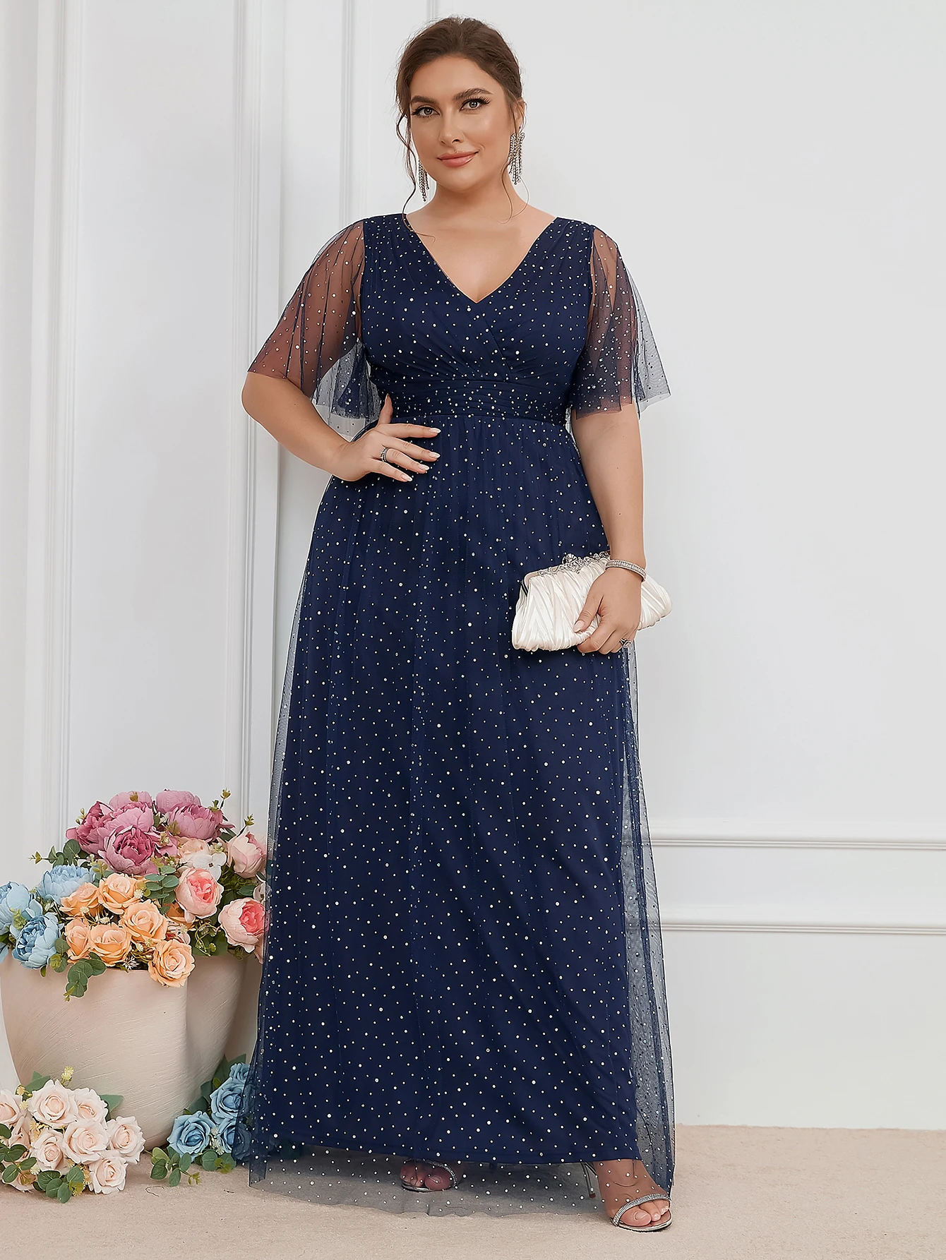 Vestido de noite formal feminino, decote em v, mesh, unissex, plus size