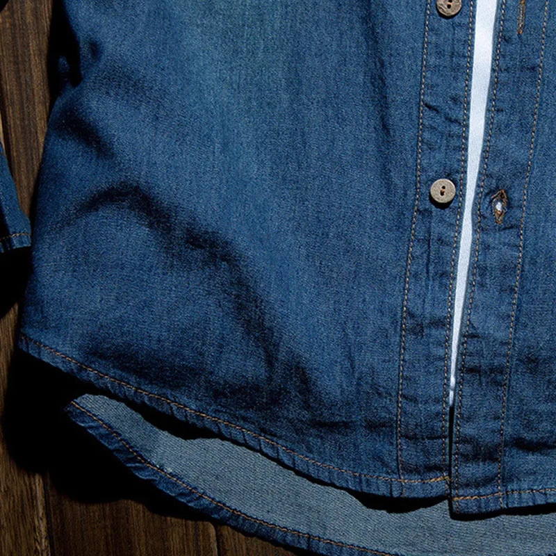 Fashion Classic Retro Jeans Shirt with Pocket Slim Fit Men's Long Sleeve Blue MY850 for Spring