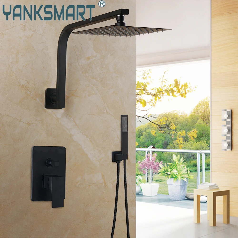 YANKSMART Bathroom Shower Faucet Set Matte Black Rainfall Sprayer Shower Head & Hand Wall Mounted Cold And Hot Mixer Water Tap