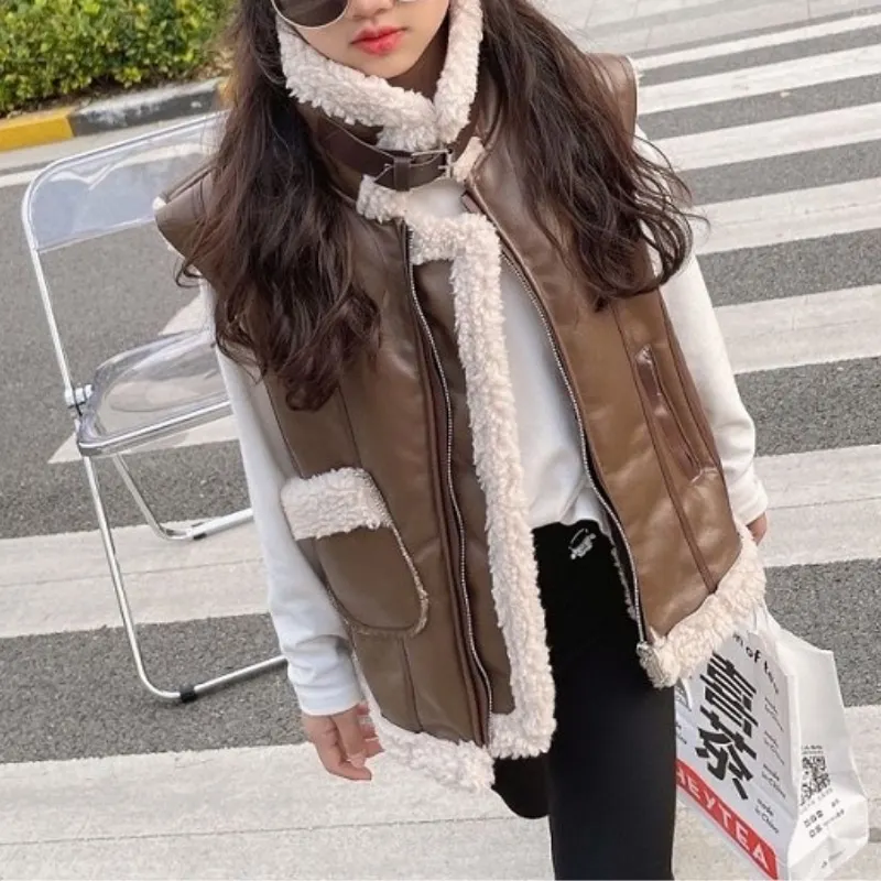 Fashion Baby Boy Girl Winter PU Leather Vest Fleece Inside Toddler Teen Child Waistcoat Outwear Warm Thick Baby Clothes 2-16Y