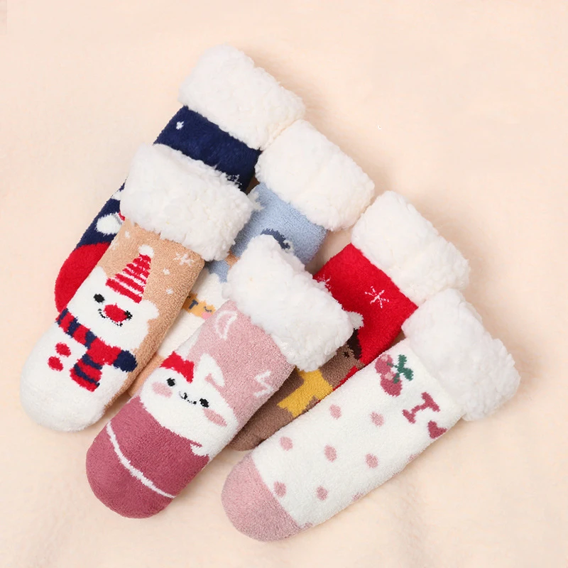 2022 Cute Warm Anti-slip Home Sport Long Slippers Winter Thicken Wool White Thermal Floor Socks for Infants Baby Accessories