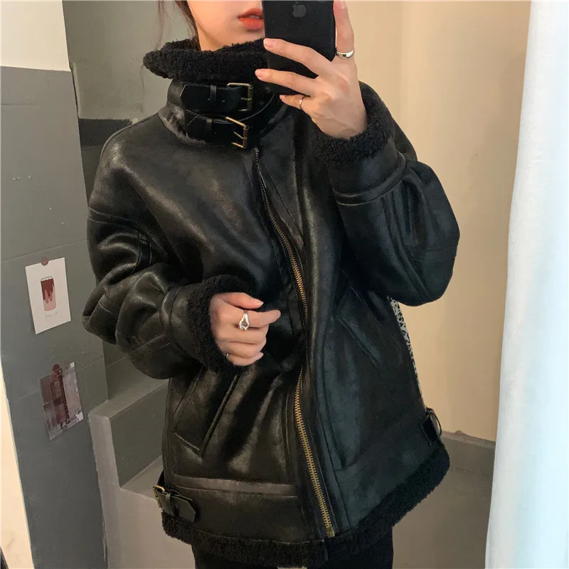 

New Women'S Artificial Leather Fur Coats Wool Jacket Women Leisure Fashion Long Sleeve Zipper Thick Korean Winter Warm Coat