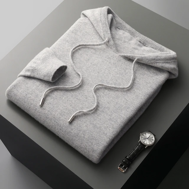 MVLYFLRT Men's 100% Merino Wool Sweater Hooded Collar Knitted Pullover Sweatshirt Autumn Winter Casual Large Tops Long Sleeved 5