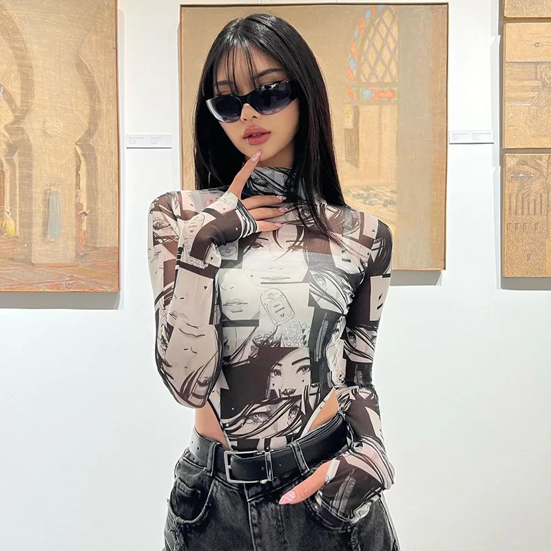 Street trend color blocking large print high necked tight fitting jumpsuit for women with spicy girl slim fit and sexy mesh top