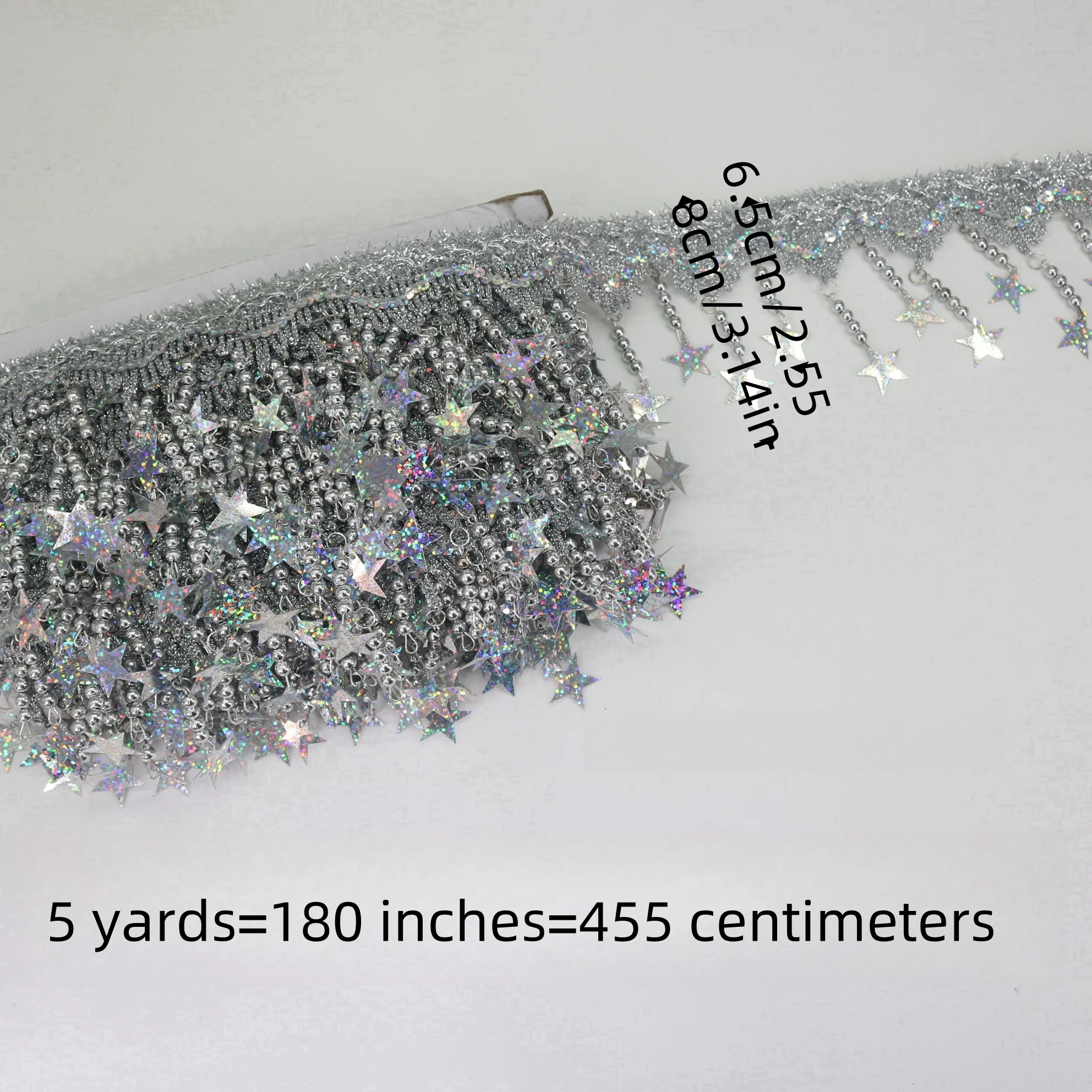 Star Shape Sequin Tassel Trim - 5 Yards, 2.5" Width, Silver Fringe Lace For DIY Dress Decor - View #2