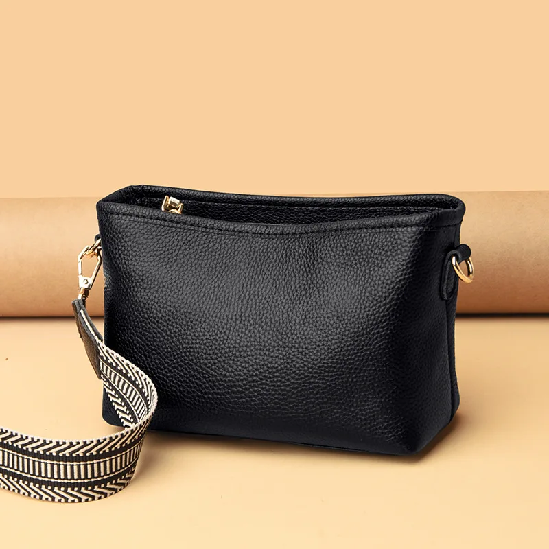 Strap, Crossbody Wide Genuine Leather Square Top Layer, Cowhide Single Shoulder Soft Leather, Versatile Women's Bag, Trendy ,