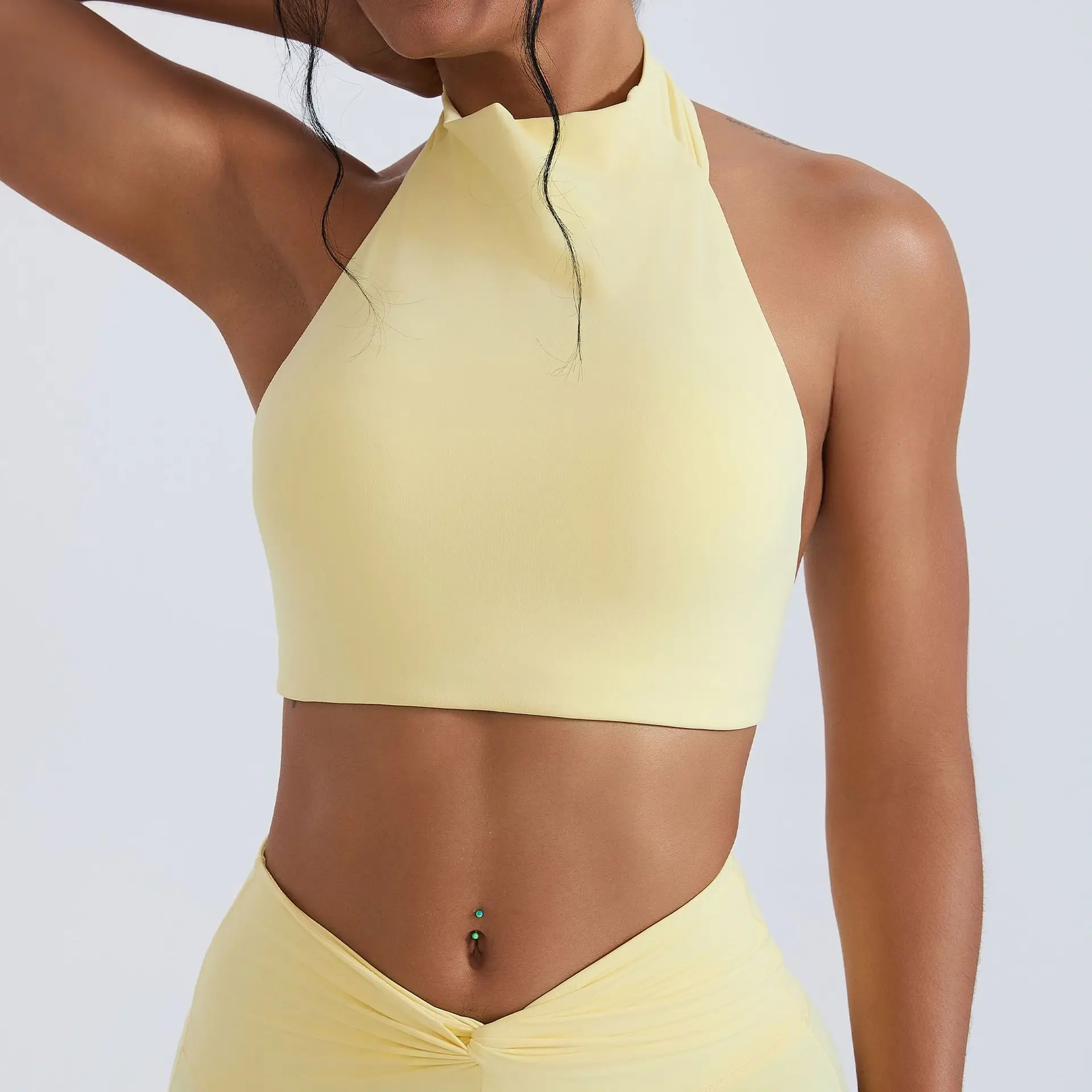 Tight Fitting Shock-absorbing Sports Bras Women Solid Yellow High Neck Yoga Nude Vest Casual Gym Running Fitness Crop Tops