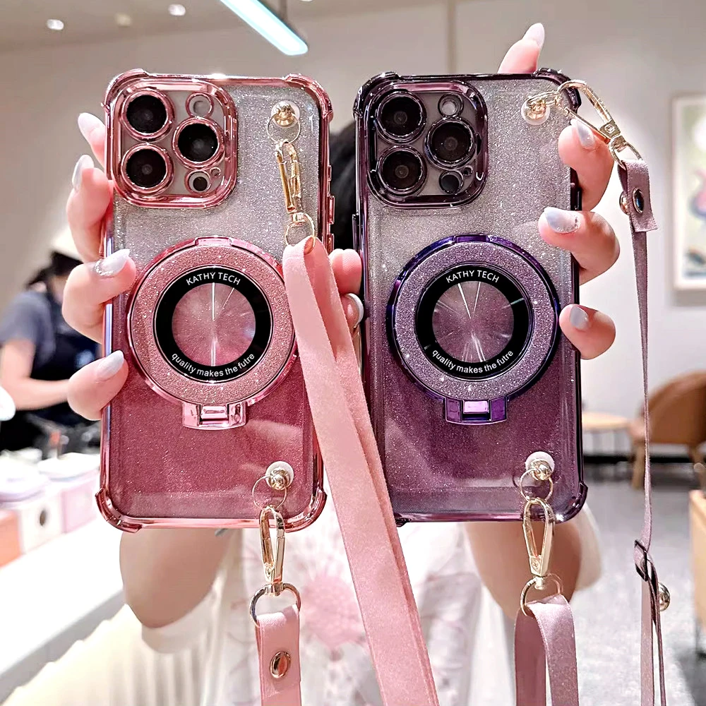 Shockproof Glitter Lanyard Case with Plating and Phone Holder Bracket Cover