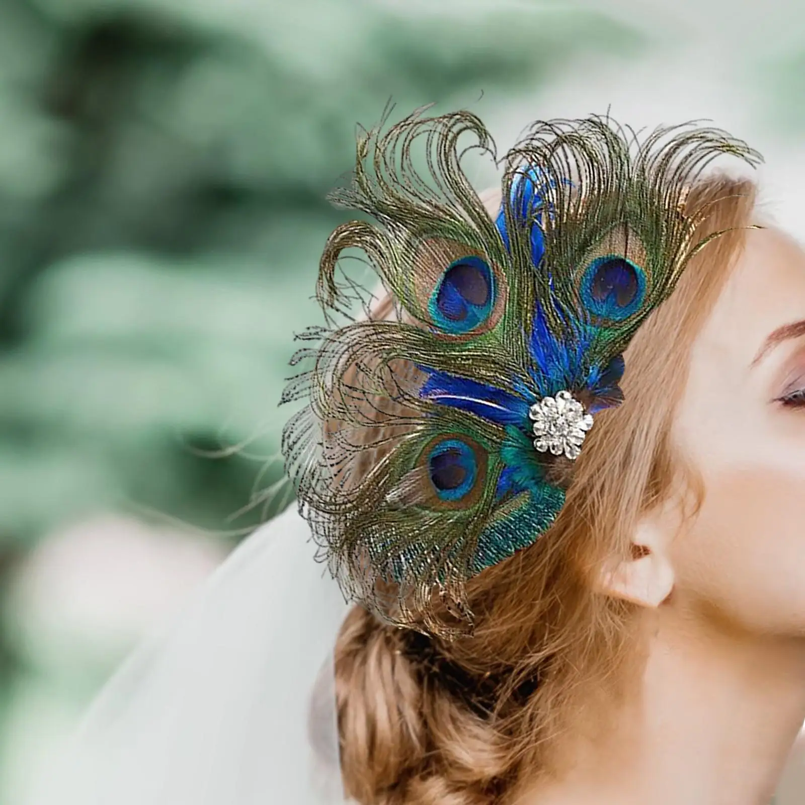 

Women Peacock Feather Hair Clip Fascinator 1920S with Rhinestones Vintage Elegant Headpiece for Fancy Dress Wedding Accessories