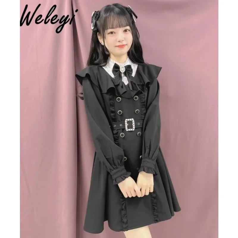 

Japanese Sweet Women's Midi Dress 2024 Spring and Summer Long Sleeve Black Colorless Windbreaker Cute Lolita Mine Style Dresses