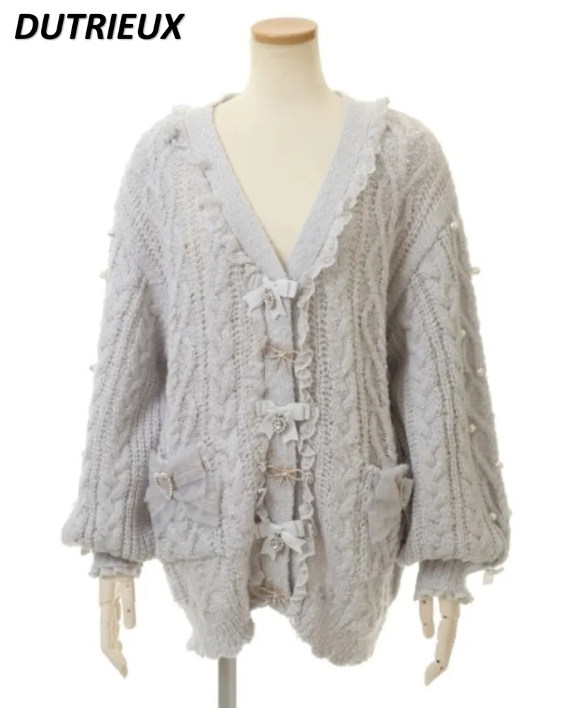 

Japanese Style Autumn and Winter Sweet V-neck Single-Breasted Sweater Coat Bow Brooch Design Long Knitted Cardigan for Women