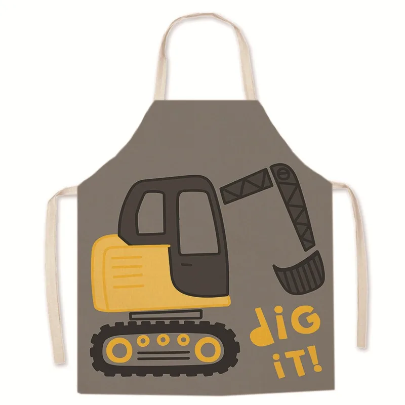 Cute cartoon excavator car burger pattern linen apron halter neck sleeveless apron kitchen cooking cooking bib 5