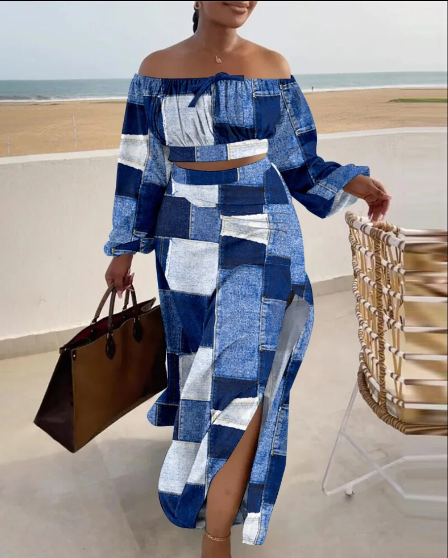 

2023 Fashion Printed Maxi Skirt Two Piece Set Women Casual Off Shoulder Long Sleeve Top Split Vacation Long Skirt Two Piece Set