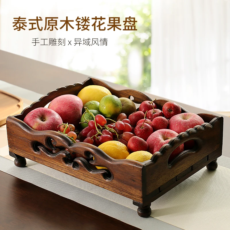 

Fruit tray wooden Thailand imported creative dry fruit tray solid wood tea tray retro tray Chinese end table storage tray
