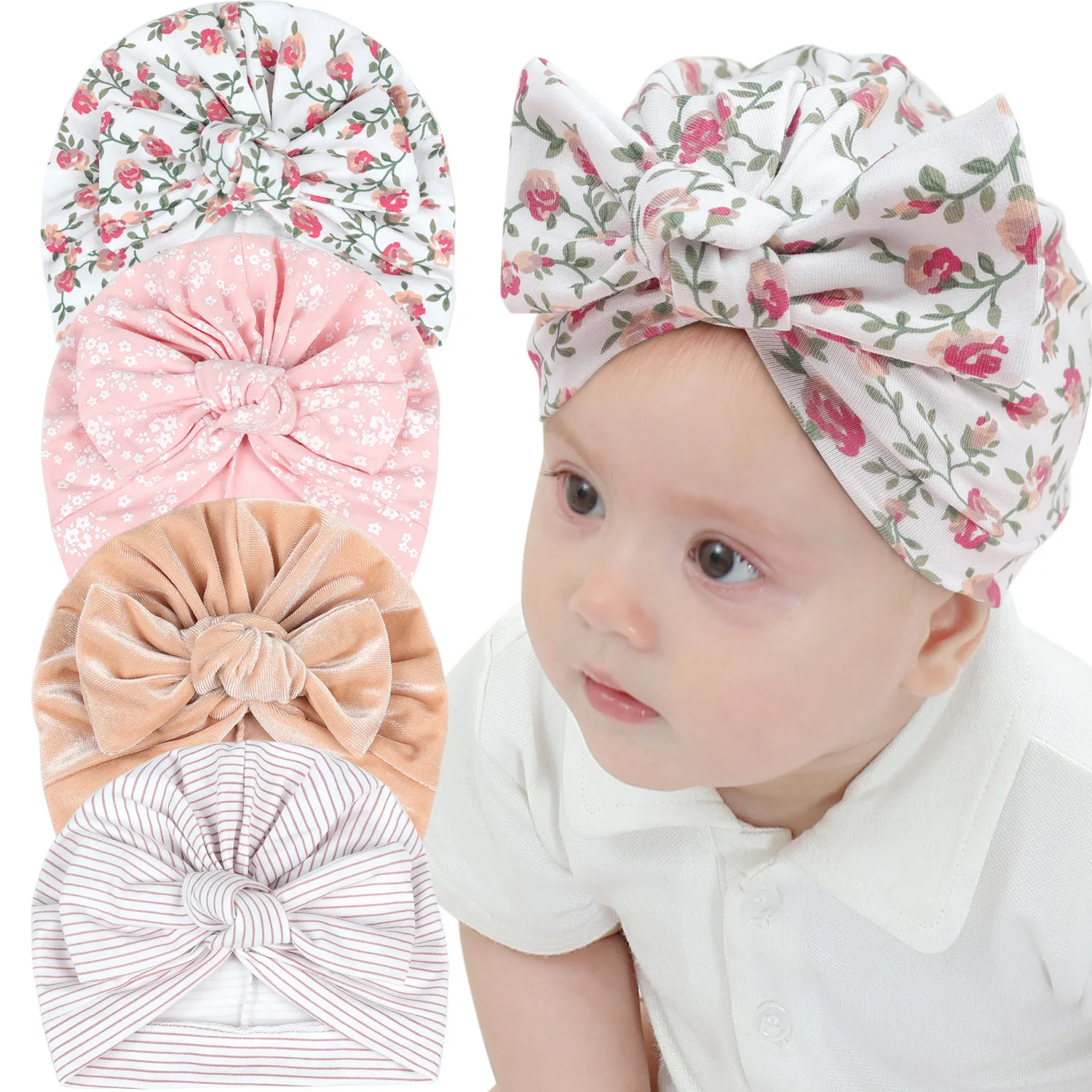 

0-6M Baby Hat Flower Turbans for Babies Infant Head Wrap Newborn Baby Girl Beanie Hat Bow Knot Baby Hair Accessories New