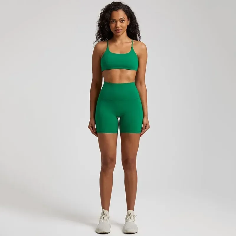 Lemon Women Gym Yoga Set Workout Training Women Sports Suit High Waist Short Legging And Cross Fitness Bra 2pcs With Chest Pad