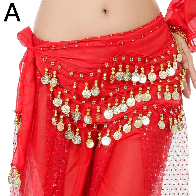 

Women Belly Dance Hip Scarf Accessories Lady 3 Row Belt Skirt With Gold bellydance Tone Coins Waist Chain Wrap Adult Dance Wear