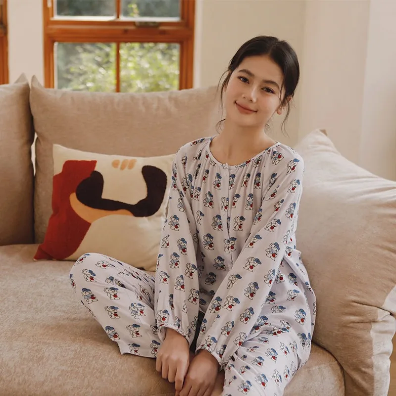 

Spring Bamboo Cotton Gauze Pajamas Set Women Household Clothing Cartoon Print Loose Long-sleeved Loungewear Round Neck Sleepwear