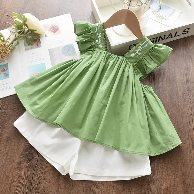 Bear Leader Girls Clothing Sets 2022 Summer Kids Clothes Floral Chiffon Halter+Embroidered Shorts Straw Children Clothing AY276 Green