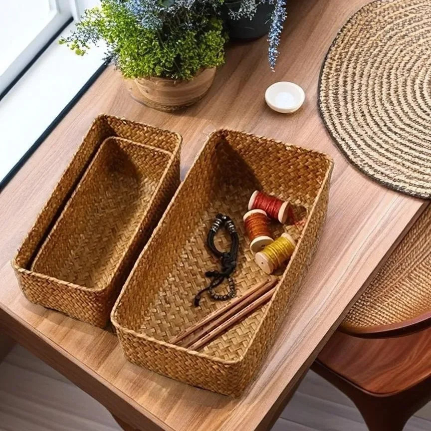 Bathroom Storage Basket Home Storage Basket Box Grass Woven Rectangular Storage Container Sundries Kitchen Drawer Organizer - 5