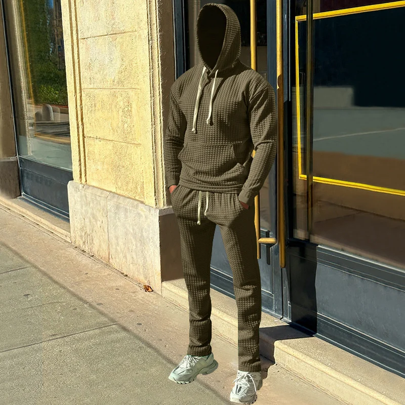 Men's Small Square Fabric Suits Autumn Splicing Kangaroo Pocket Hooded Sweatshirt Loose Waist Lace-up Pants Male Two-piece Sets