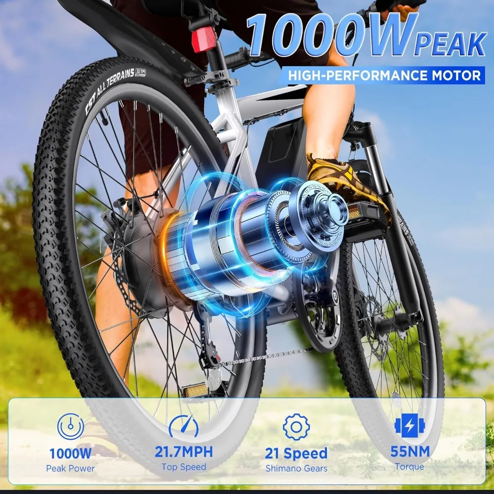 Electric Bike for Adults，26'' 1000W Peak Ebike, Up to 50 Miles 21.7MPH Electric Mountain Bike with 48V 374.4WH Removable Battery 2