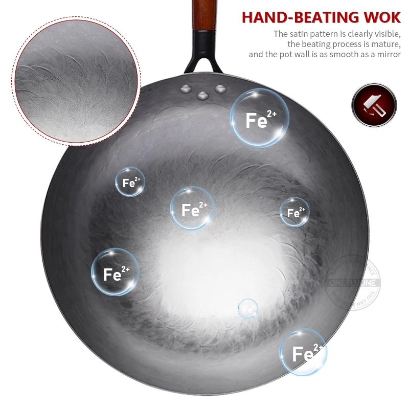 14 inch Flat Craft Wok Hand Hammered Carbon Steel Pow Wok with Wooden