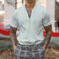 Solid Color T-shirts for Men Fashion Zipper V-Neck Tops Short Sleeve Loose Casual Men T-Shirt Pullover Camiseta Masculina - Image 3