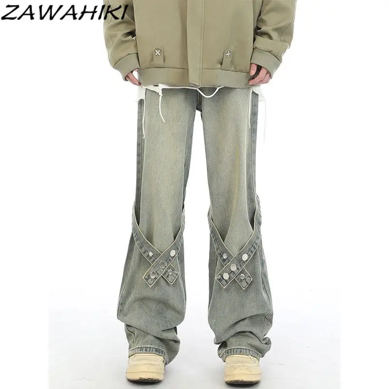 

American Retro Bandage Chic Designed Solid Color Women Jeans Loose Straight Fashion High Street Hiphop Streetwear Denim Pants