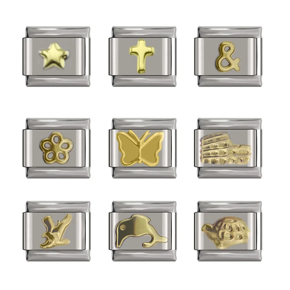 Hapiship Fashion Gold Butterfly Cross Flower Dolphins Italian Charm Links Fit 9Mm Bracciale Creazione Di Gioielli In Acciaio Inossidabile Dj192