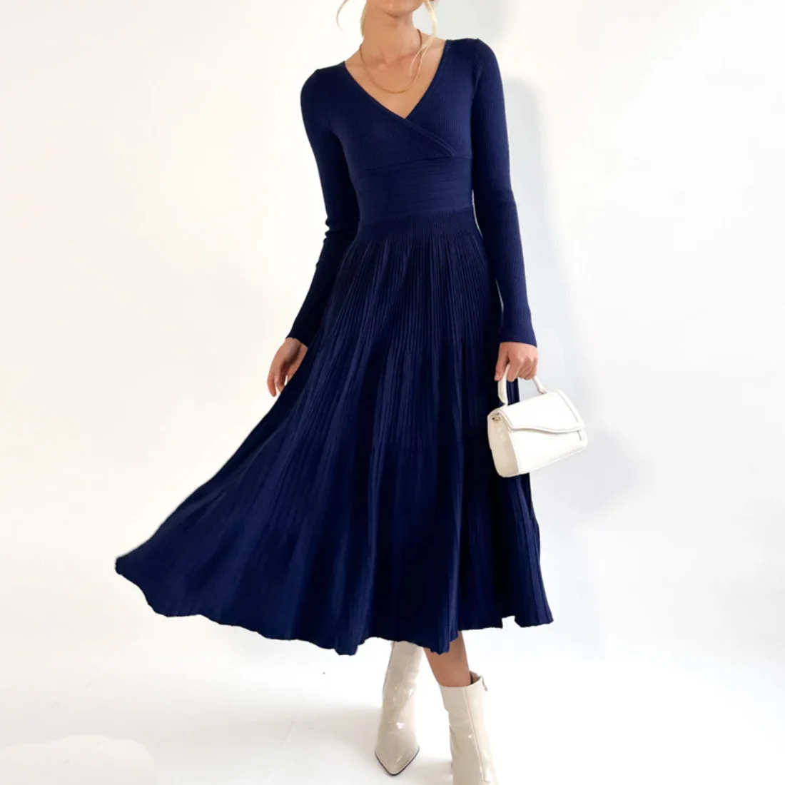 Vestido largo de punto con escote en V y espalda descubierta para mujer, elegante vestido de fiesta ajustado a la moda, vestido largo de retazos acanalados con cintura alta para mujer