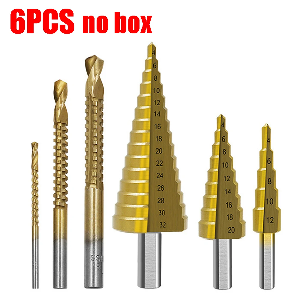 6Pcs Step Drill Bit Saw Drill Bit Set Titanium Milling Cutter 4-12 4-20 4-32mm 3 6 8mm For Woodworking Metal Core Hole Opener