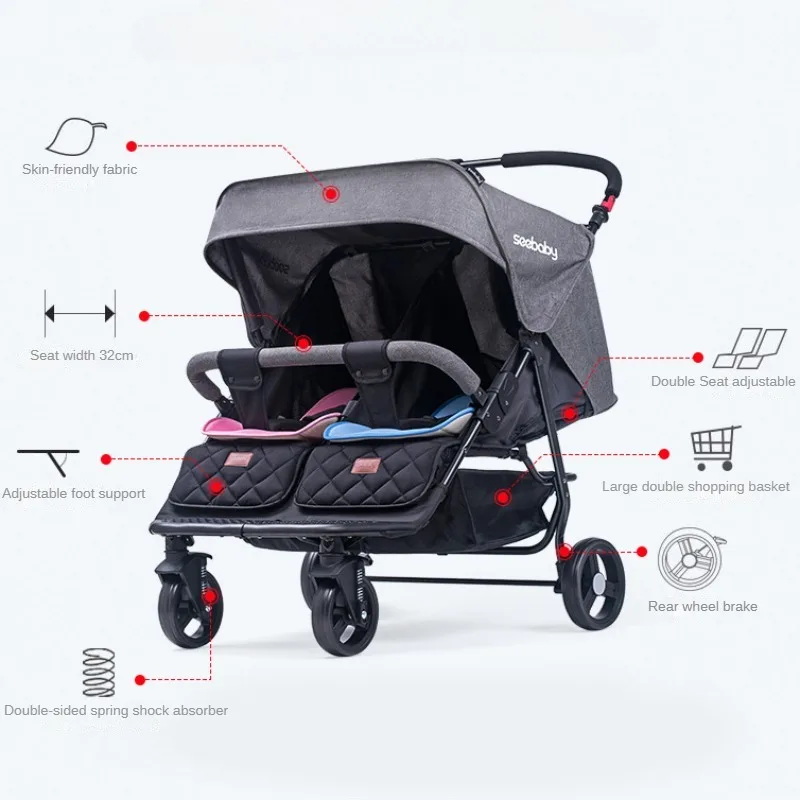 Baby Stroller for Twins That Can Sit or Lie Down Folding Double Baby Carriage Four Wheel Trolley Cart Stylish Double Stroller