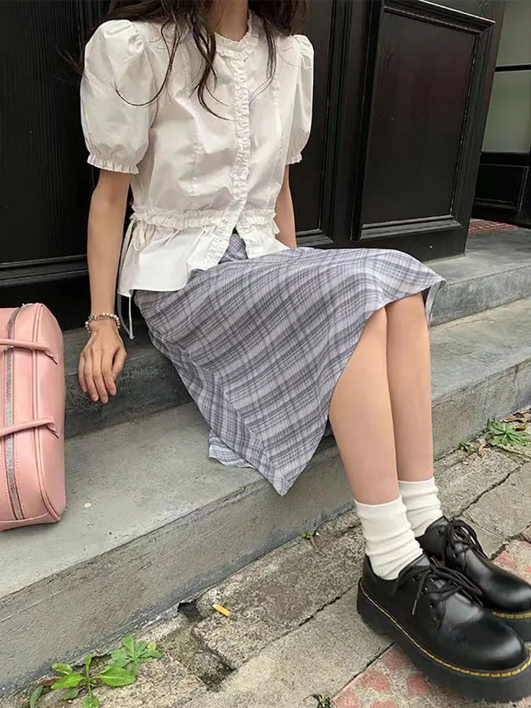 Preppy Style White Cropped Blouse for Women Korean Fashion Puff Short Sleeve Lace-up Shirts Summer Chic Slimming Waist Tops Tees