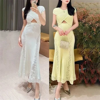Summer New Women's Collar Lace Splice Slimming Long Fish Tail Dress High Quality Y2K Fashionable Hollow out Gown 1